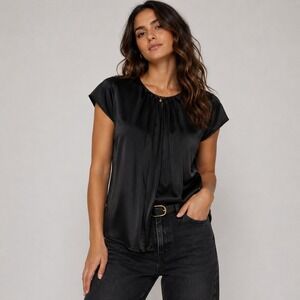 Vince Silk Top Womens Large Black Shirred Detailed Cap Sleeve Blouse